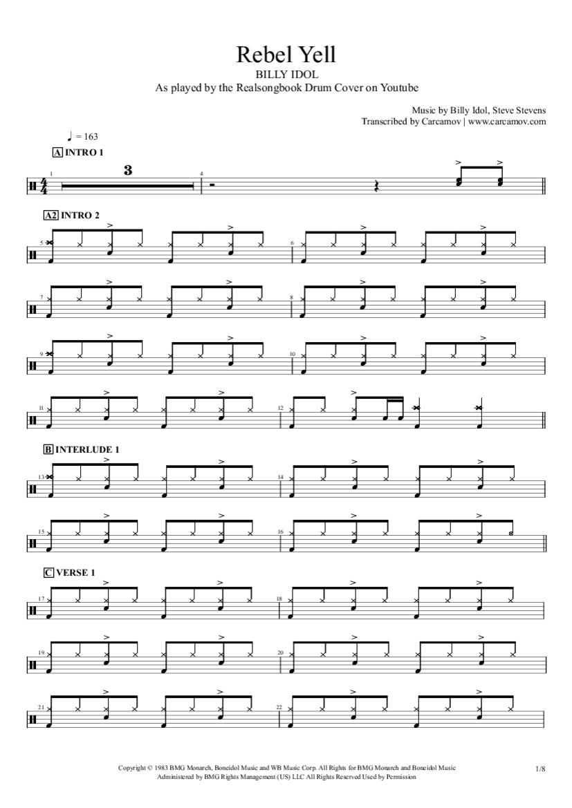 Rebel Yell Drum Sheet Music BILLY IDOL