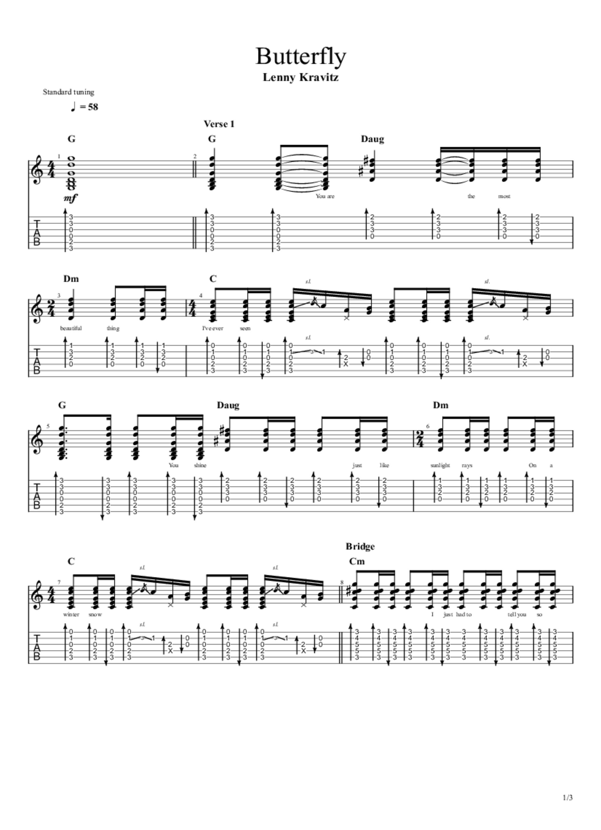 Butterfly Tab & Chords Lenny Kravitz