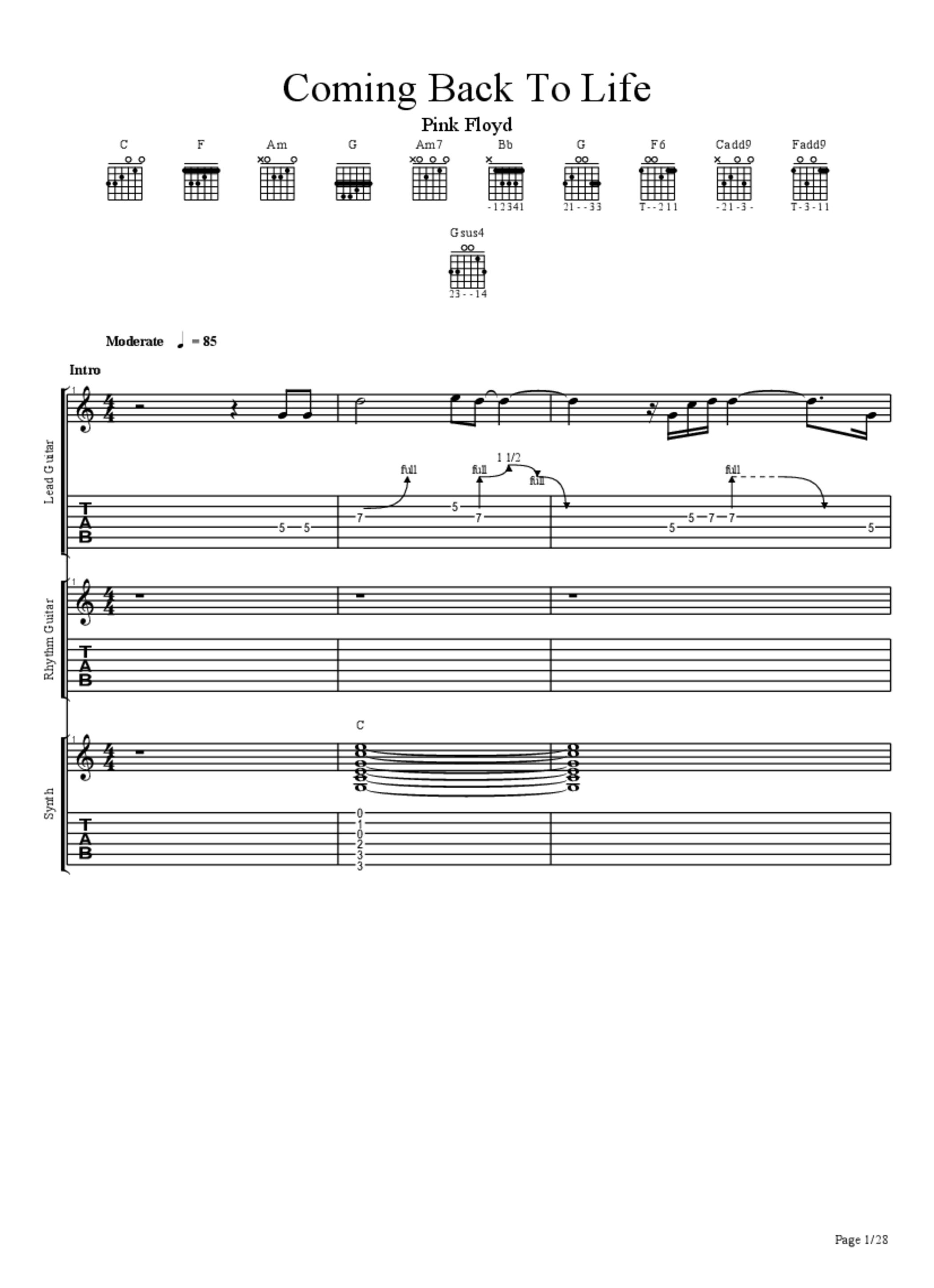 Coming Back To Life Tab & Chords Pink Floyd