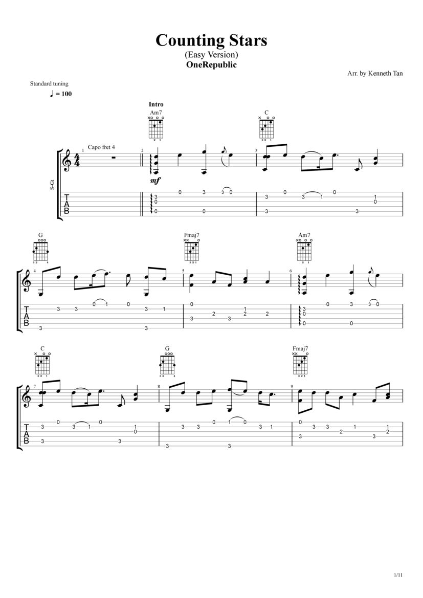 Counting Stars Easy Version OneRepublic Fingerstyle Acoustic