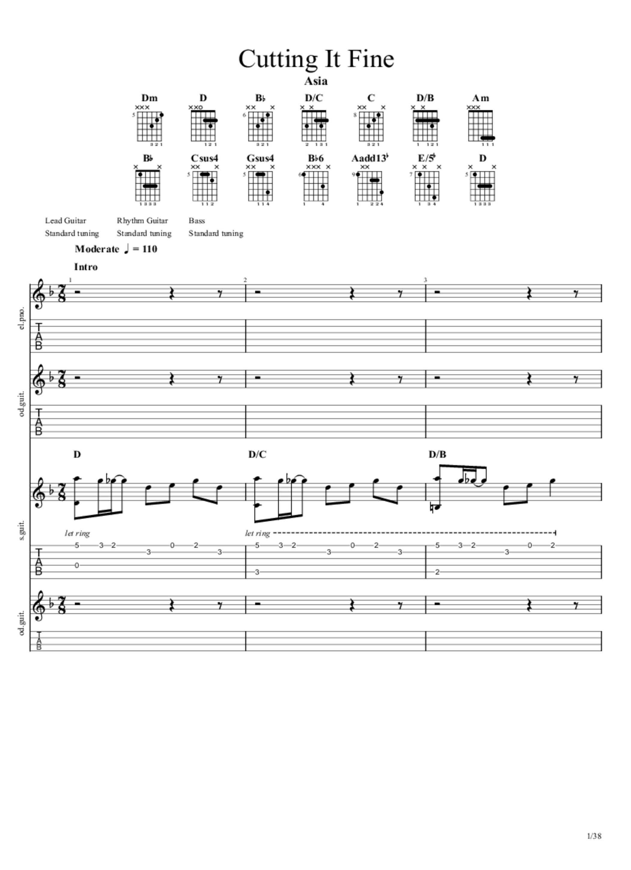Cutting It Fine Piano Tab & Chords Asia
