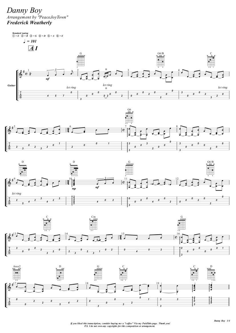 Danny Boy Fingerstyle Tab & Chords peacejoytown PaidTabs