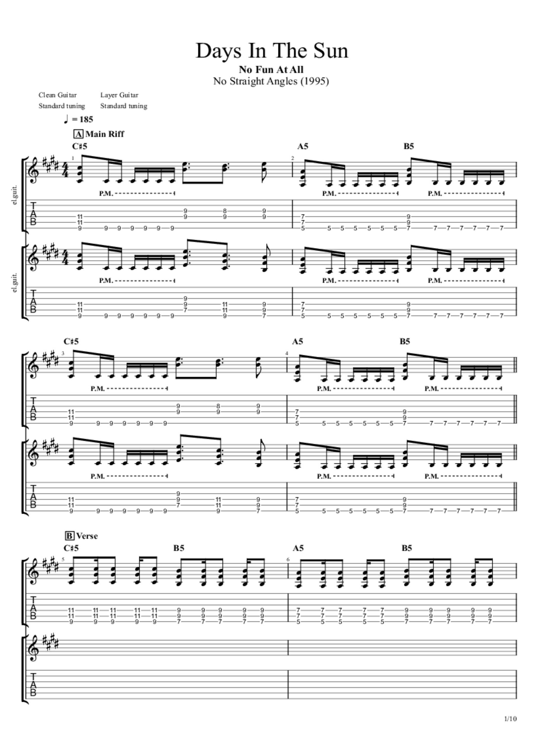 Days In The Sun Tab & Chords No Fun at All