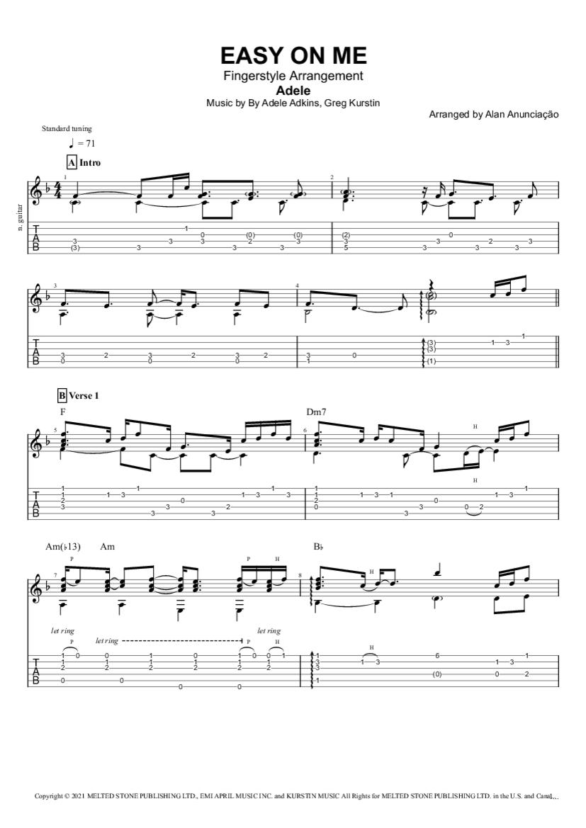 Easy On Me Fingerstyle Tab & Chords Adele