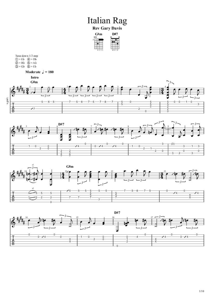 Italian Rag Fingerstyle Tab & Chords Rev. Gary Davis