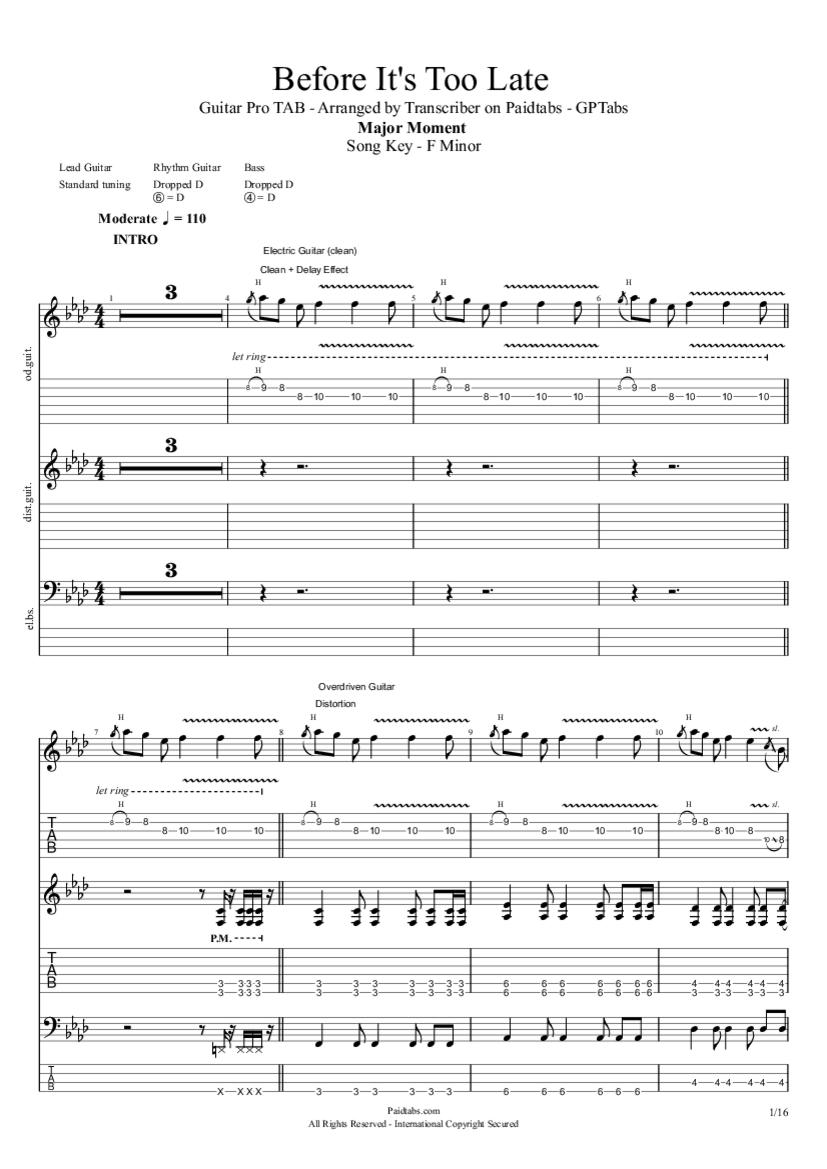 Before It's Too Late Tab & Chords Major Moment PaidTabs