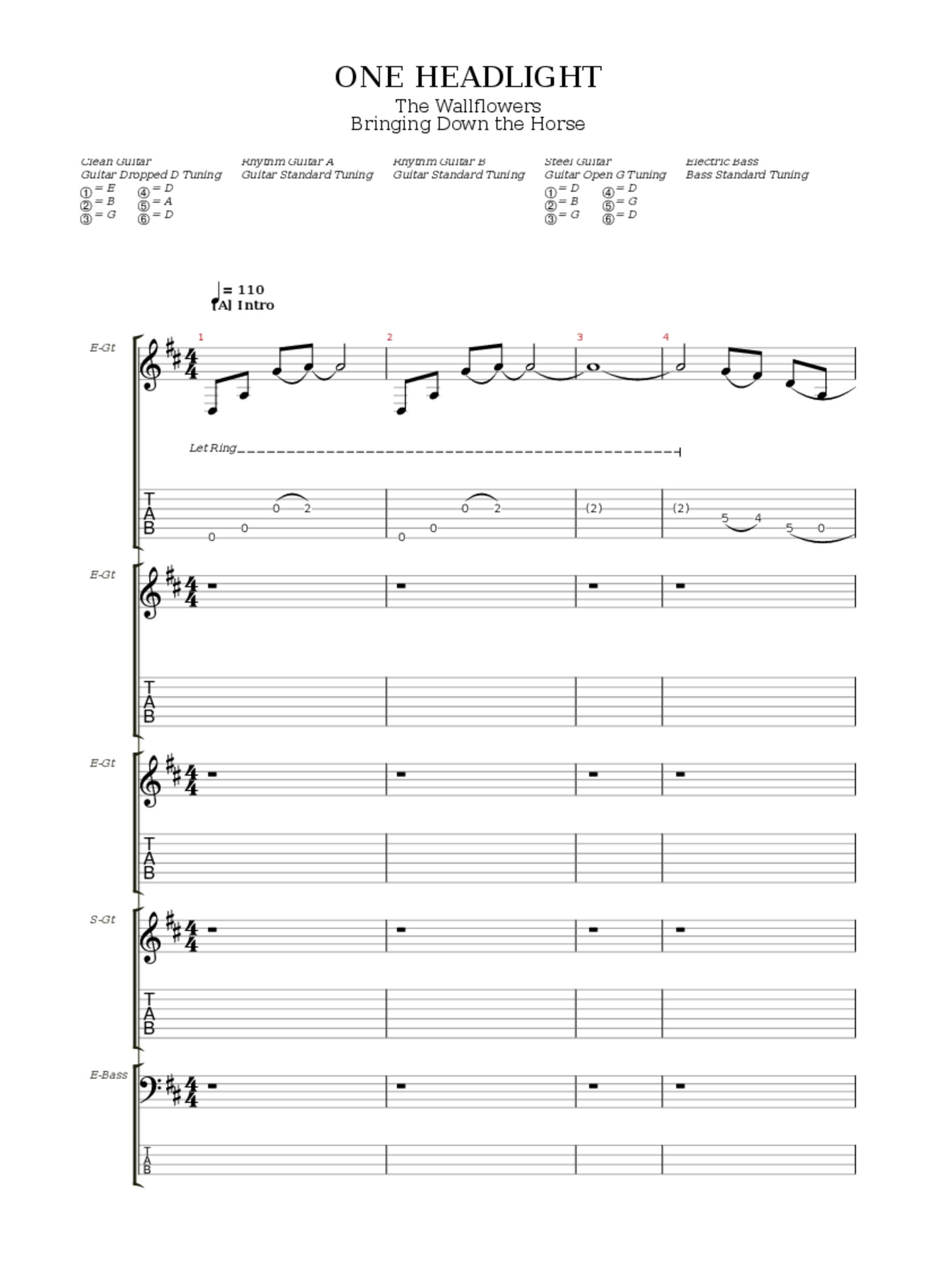 One Headlight Tab & Chords The Wallflowers