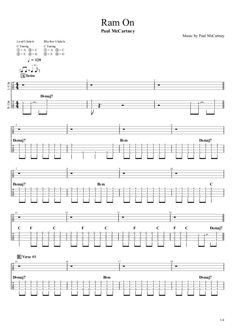 Ram On Ukulele Tab & Chords Paul McCartney