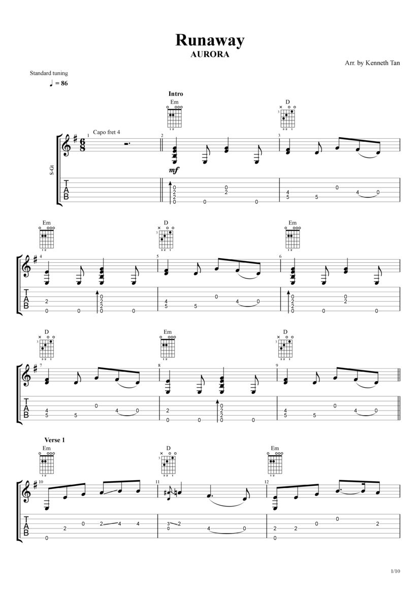 Runaway AURORA Fingerstyle Tab & Chords Acoustic