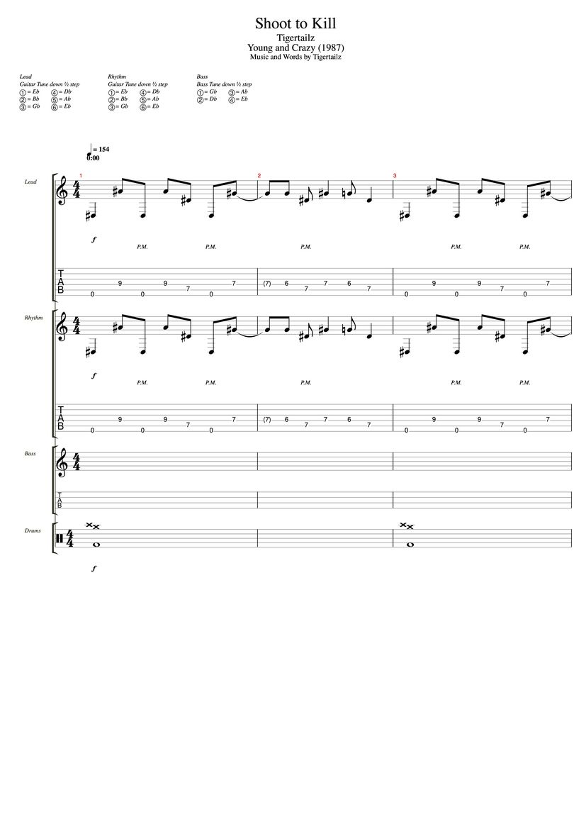 Shoot to Kill Drum Tab & Chords Tigertailz