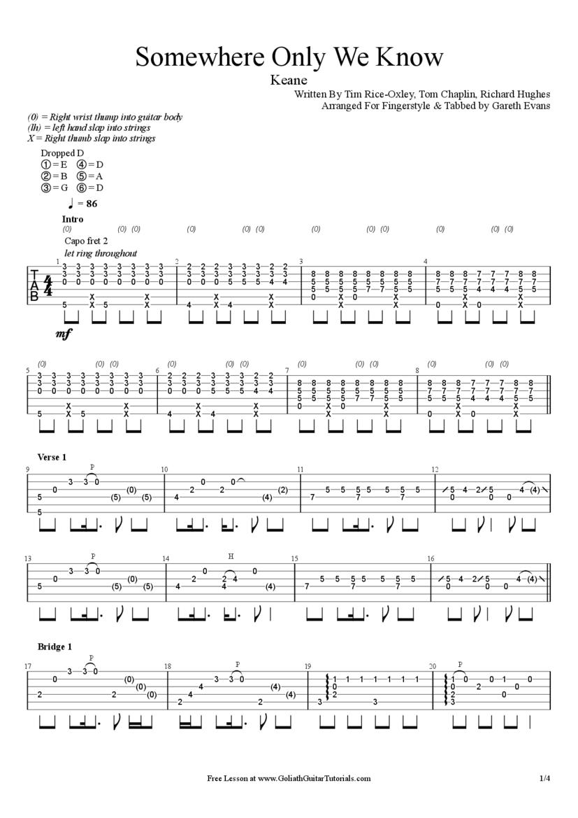 Somewhere Only We Know / Keane Fingerstyle Guitar Tab - Gareth Evans