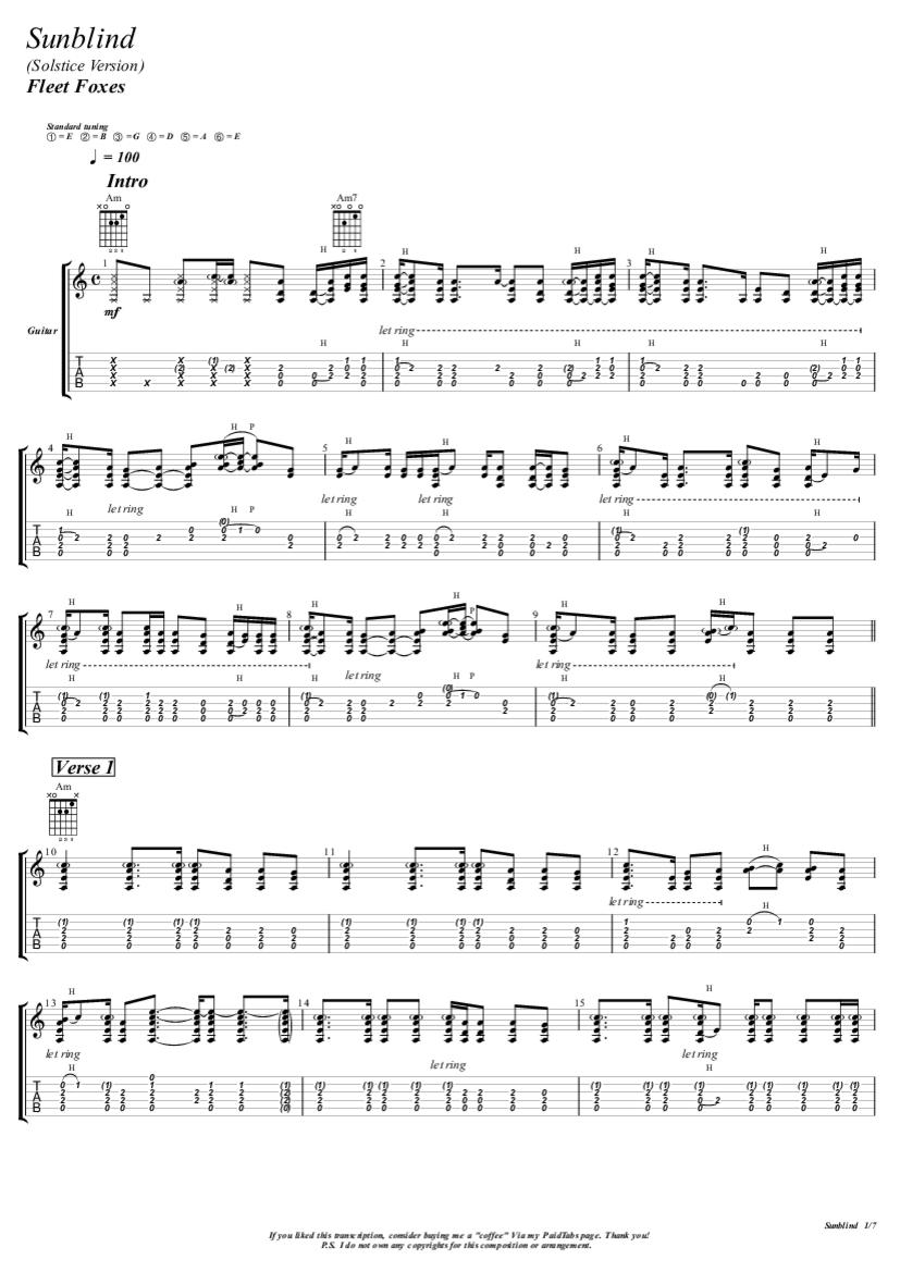 Sunblind Solstice Version Tab & Chords Fleet Foxes