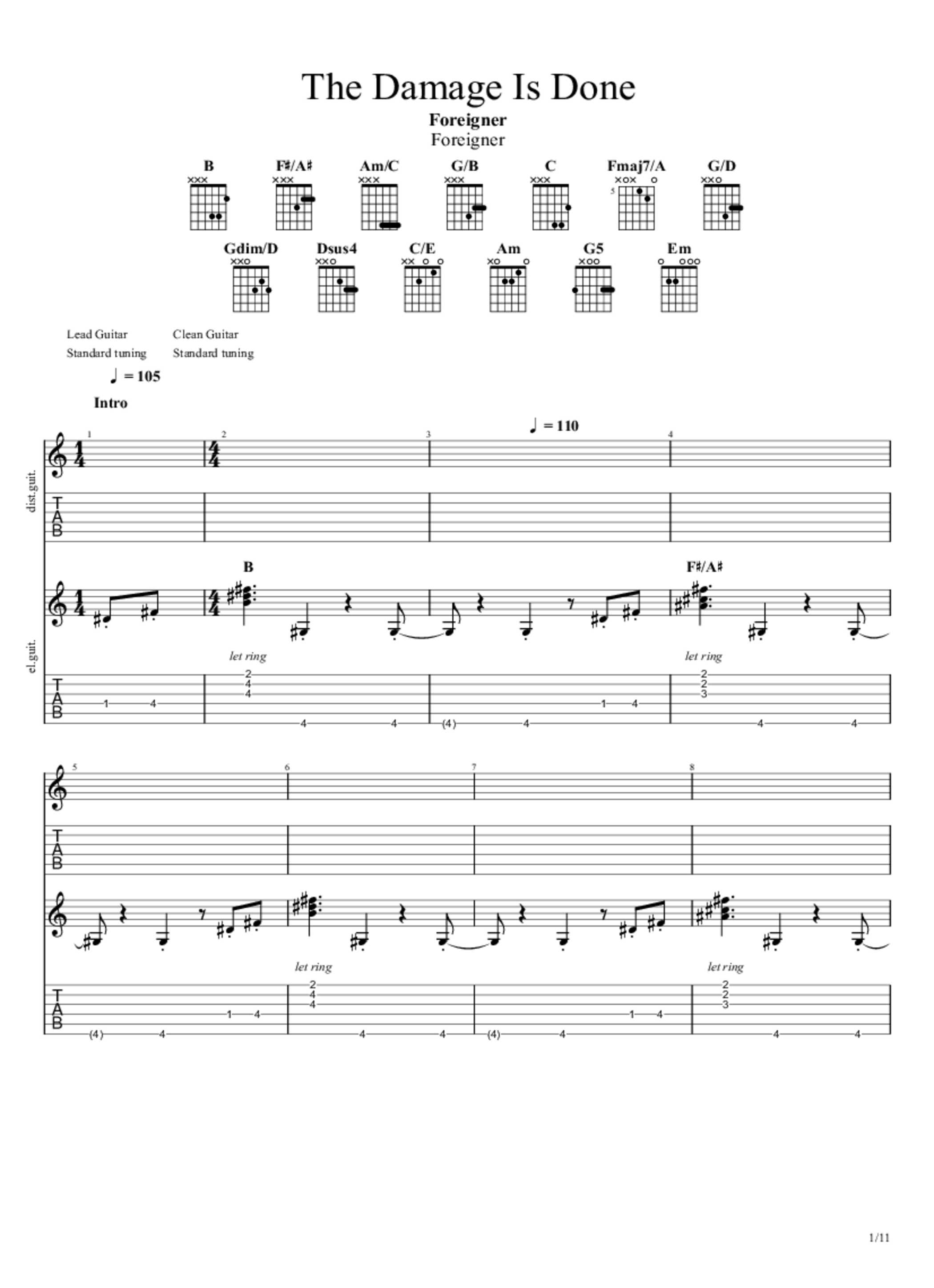 The Damage Is Done Tab & Chords Foreigner