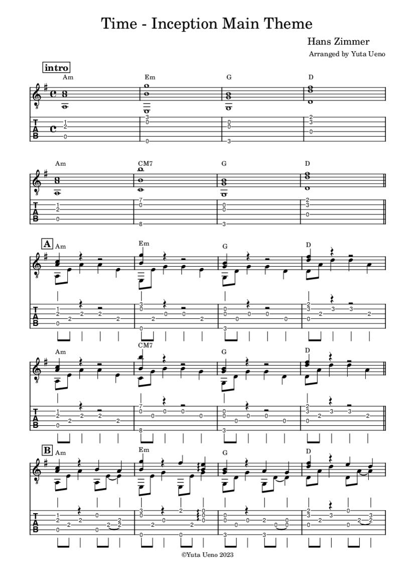 Time Inception Hans Zimmer Fingerstyle Guitar Tab Yuta Ueno