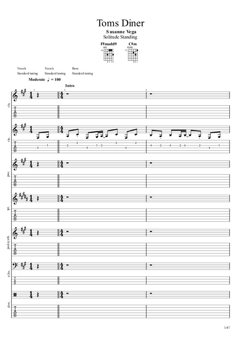 Tom's Diner Drum Tab & Chords Susanne Vega