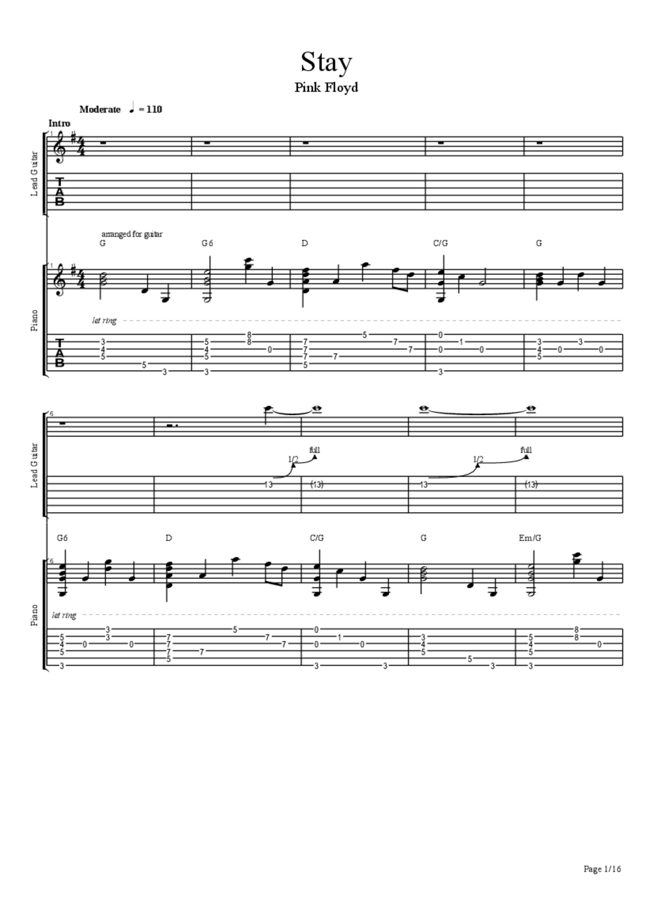 Stay Chords & Tabs Pink Floyd