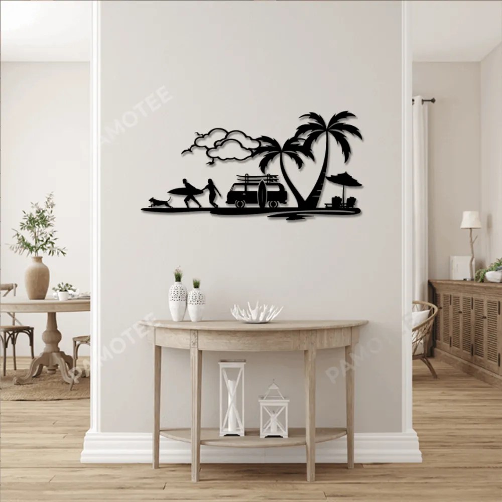 Couple And Dog On Beach Metal Wall Art, Beach Scene Wall Hanging, Front