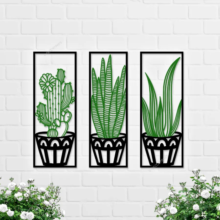 Metal Cactus Wall Art, 3 Piece Metal Cactus Decor, Large Metal Wall Art
