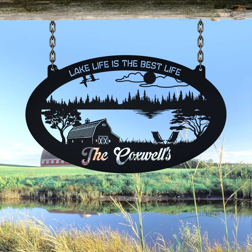 Custom Metal Lake Sign, Lake Scene Monogram Metal Sign, Family Lake Lot