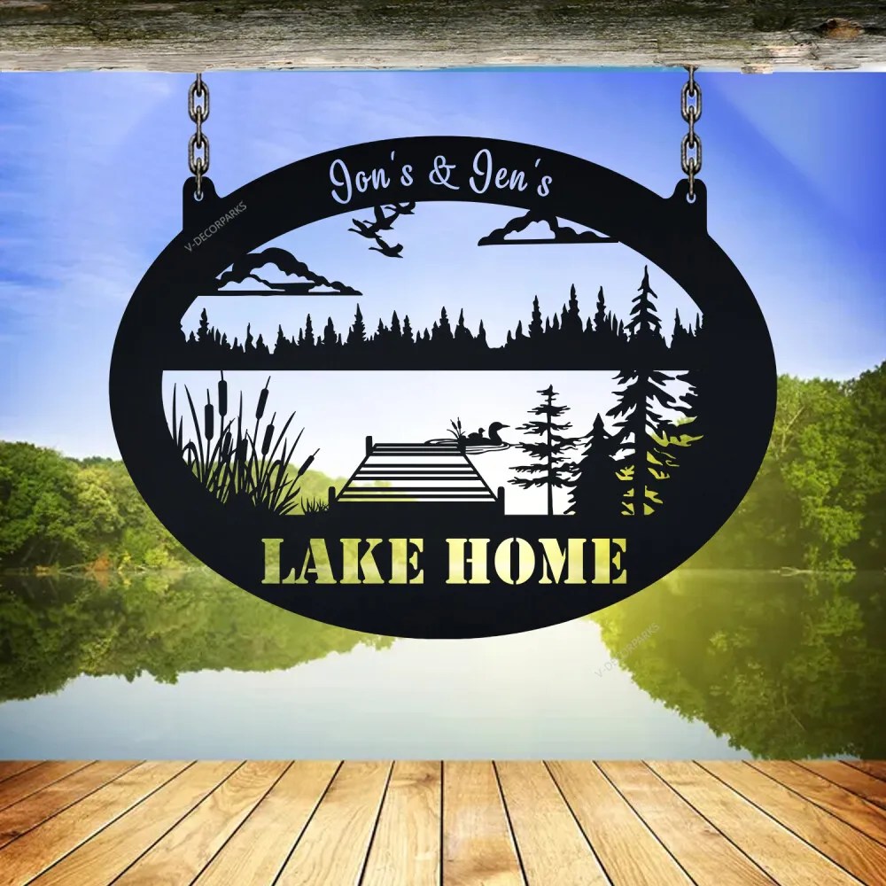 Personalized Metal Lake Sign, Lake Scene Wall Art, Lake Home Decor