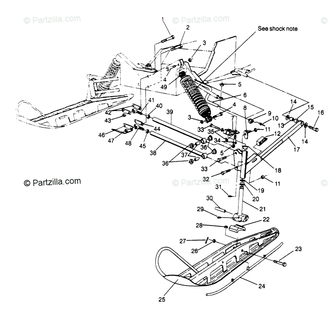 Polaris Snowmobile 1995 OEM Parts Diagram for Front Suspension & Ski