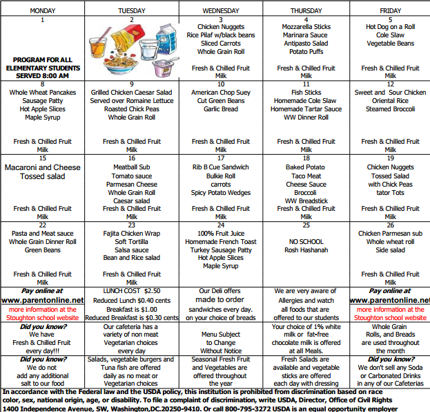 September Lunch Menu Now Available for Stoughton Middle, High School