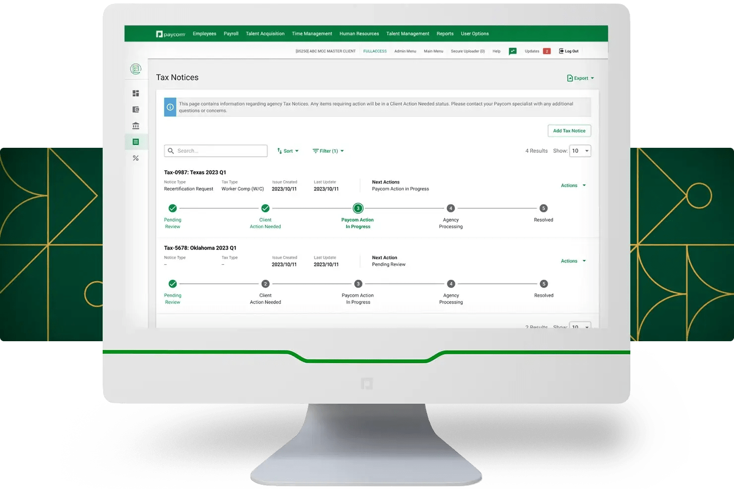 Client Action Center Tax and Banking Dashboard