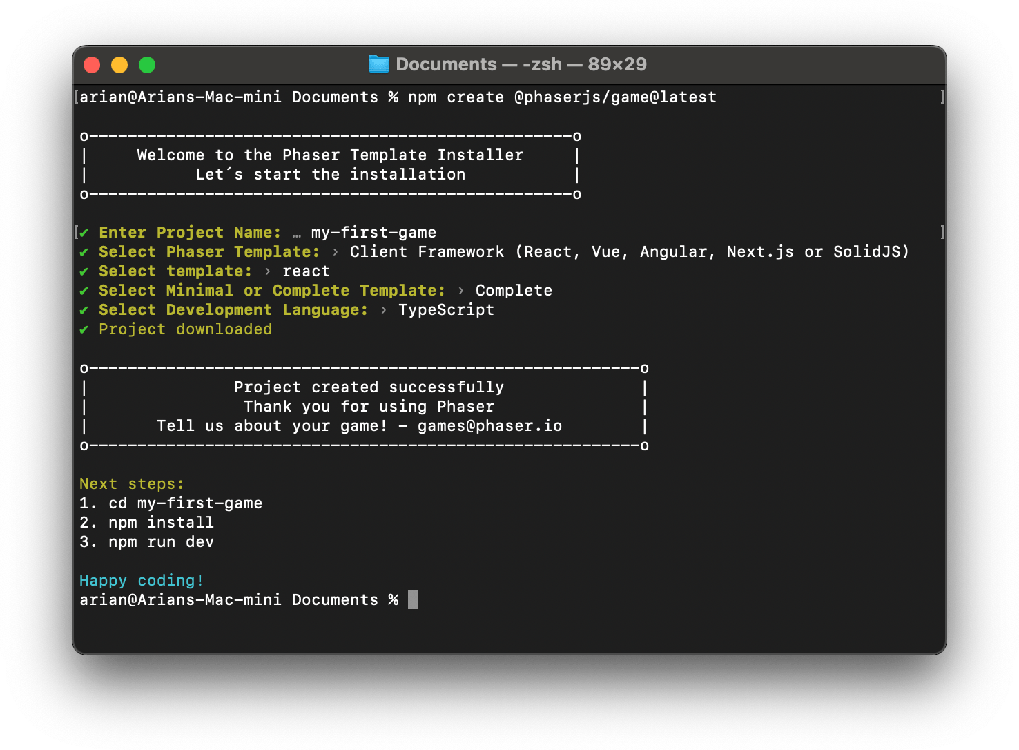 Using the Create Phaser Game app