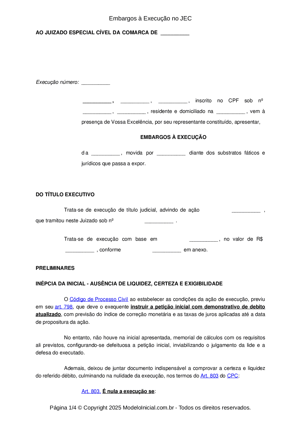 Modelo Embargos à Execução no JEC