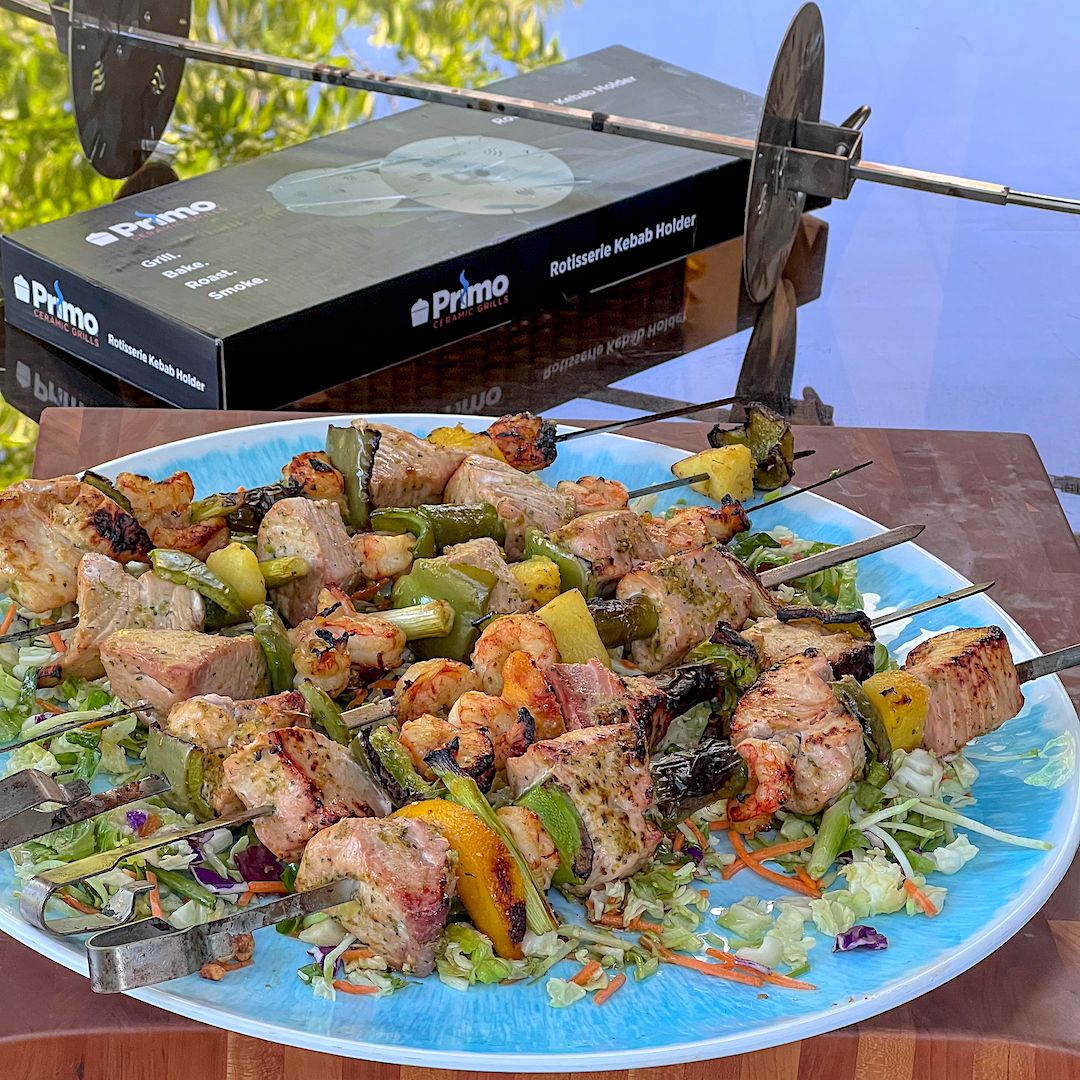 Summertime Sea Bass, Shrimp, and Peach Kebabs Primo Ceramic Grills