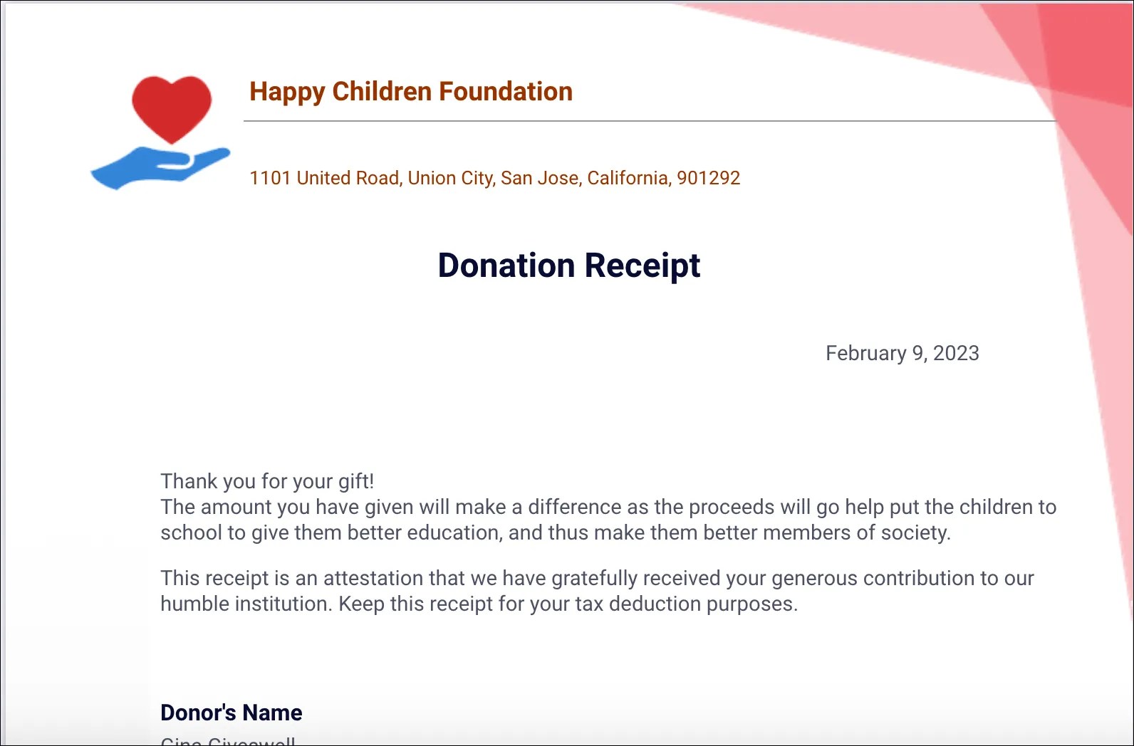 Nonprofit Donation Receipt Template 6 Free Templates Instrumentl