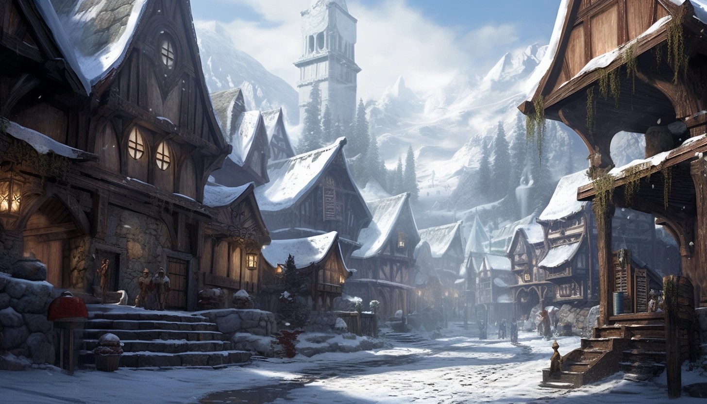 Fantasy Concept Art Snowy Village With Ice Pillars • PromptDen