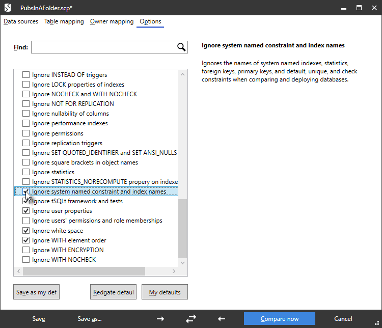 Handling Systemnamed Constraints in SQL Compare Redgate