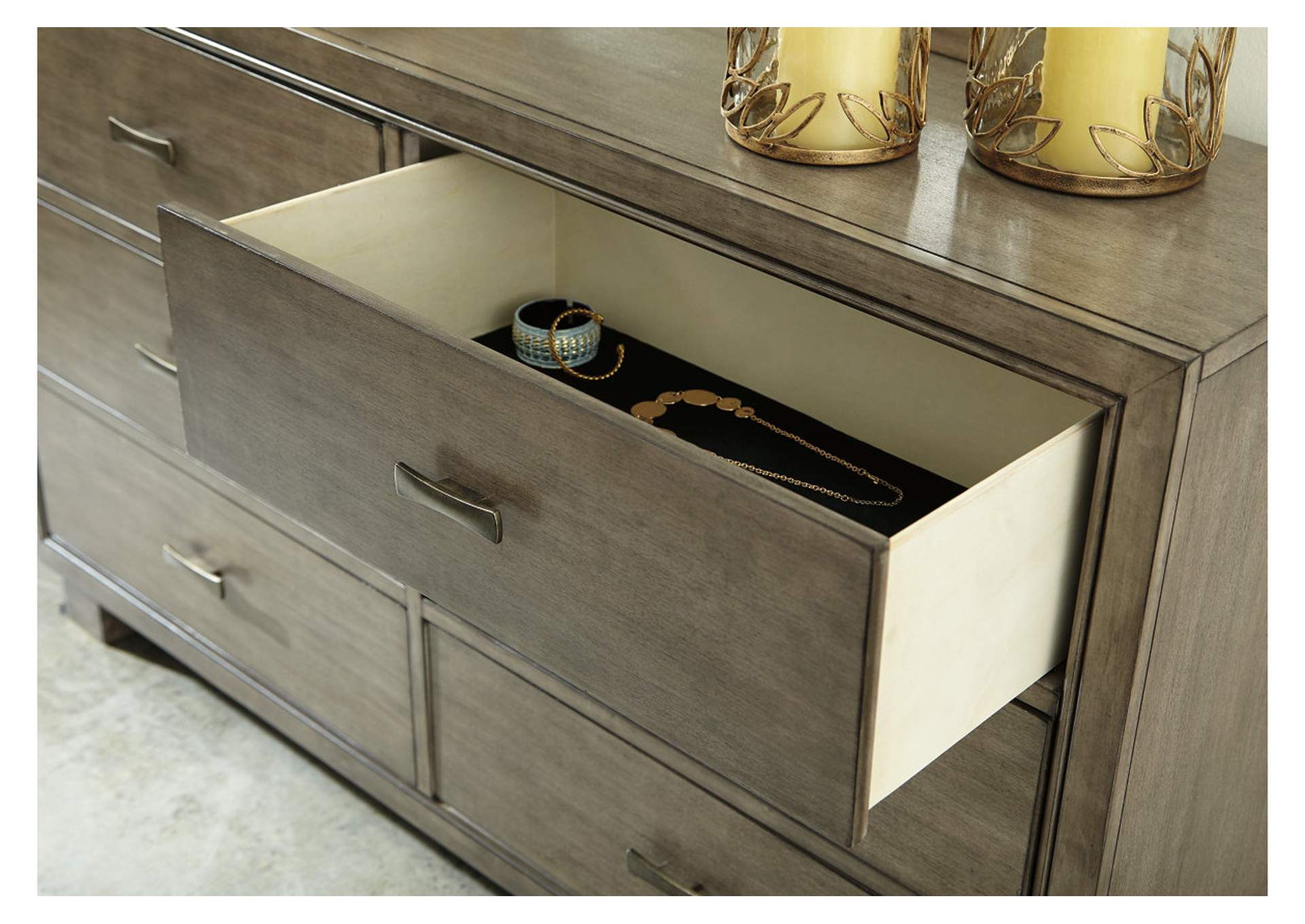 Queen Bookcase Bed with Mirrored Dresser, Chest and 2 Nightstands