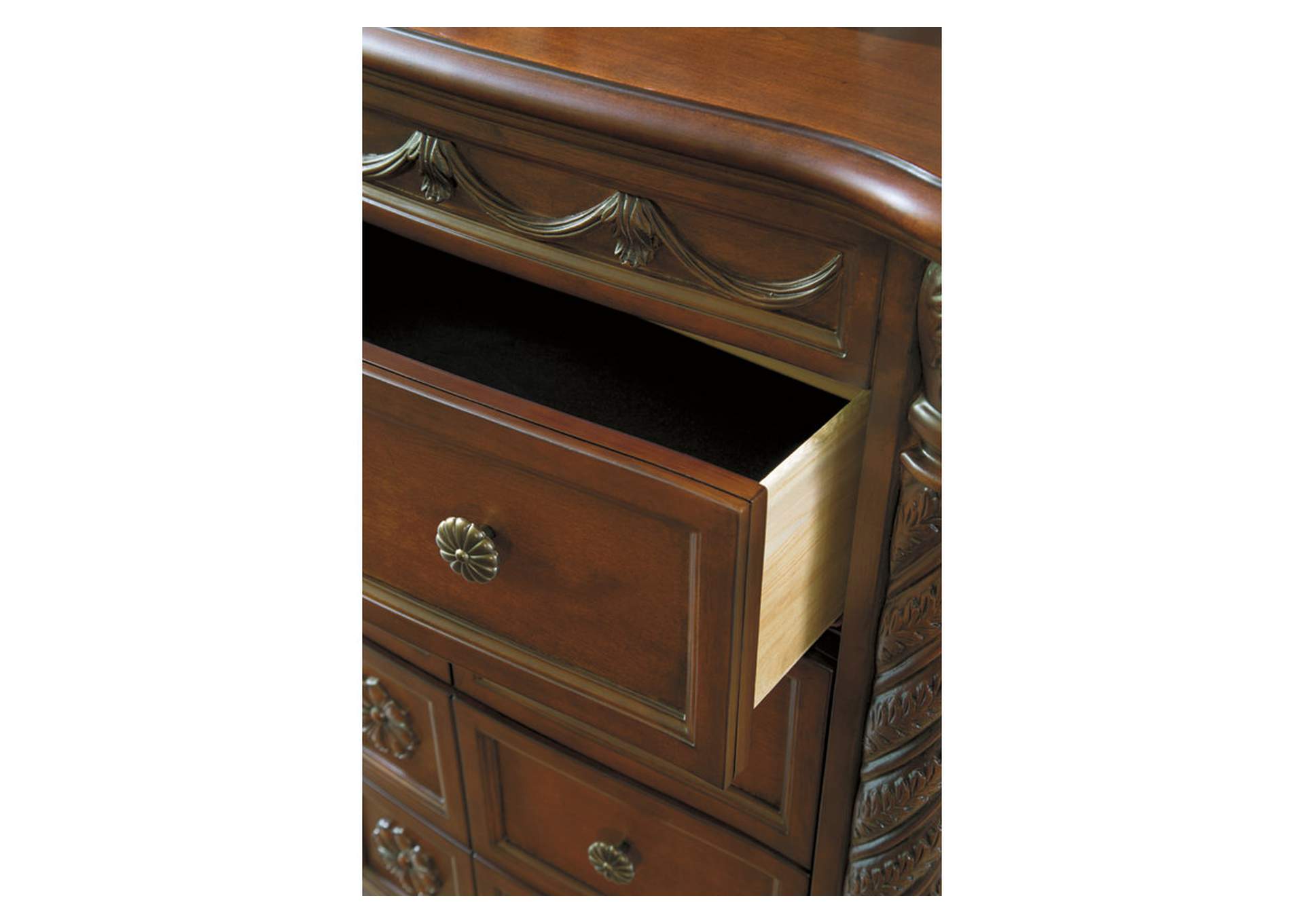 North Shore King Poster Bed with Canopy with Mirrored Dresser, Chest
