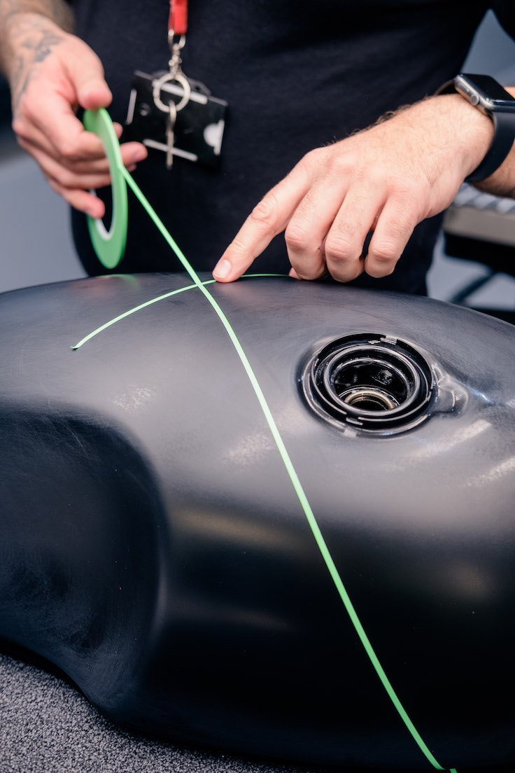 Mapping out the paint lines on the Thruxton RS tank