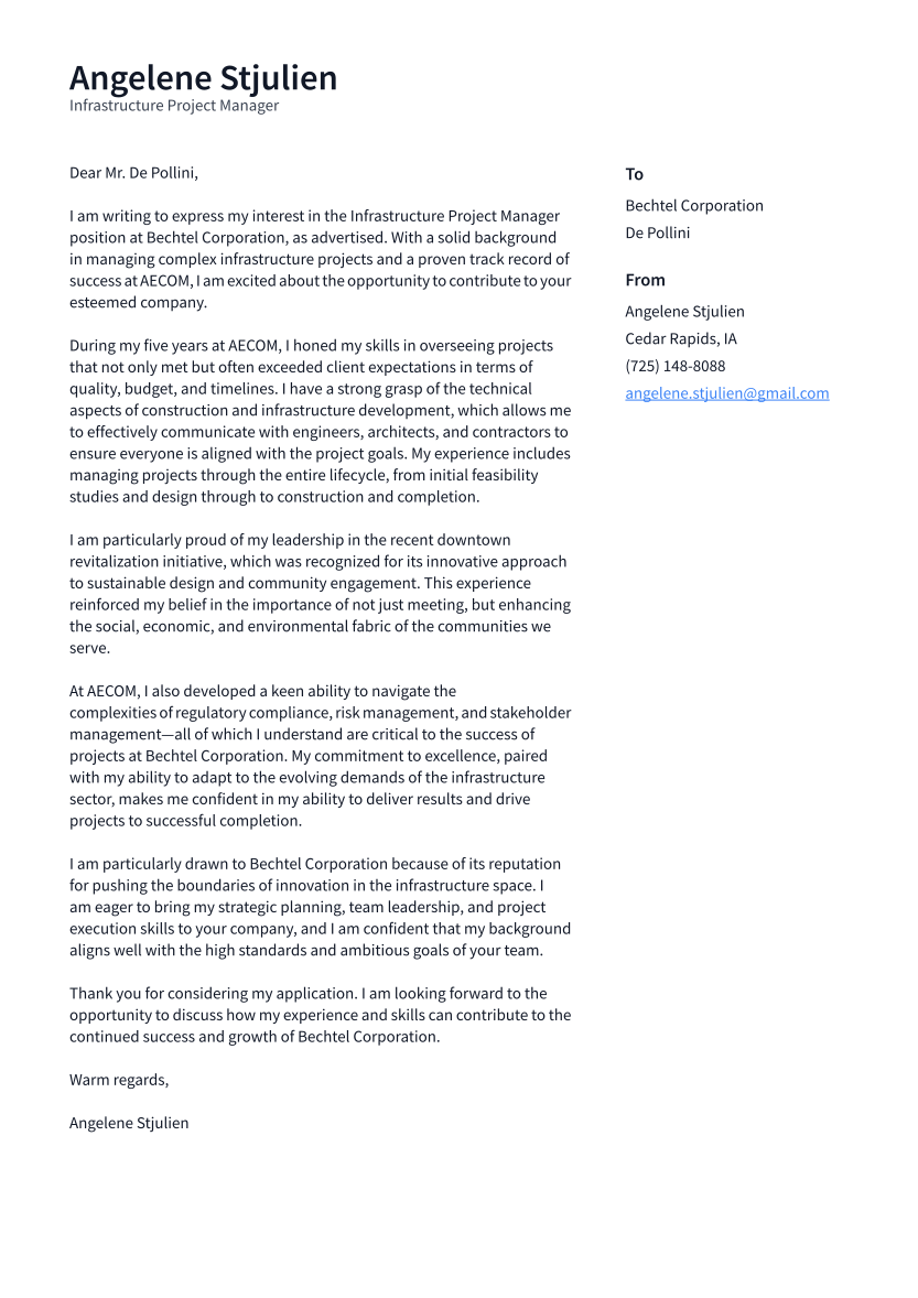 Infrastructure Project Manager Cover Letter Examples and Templates