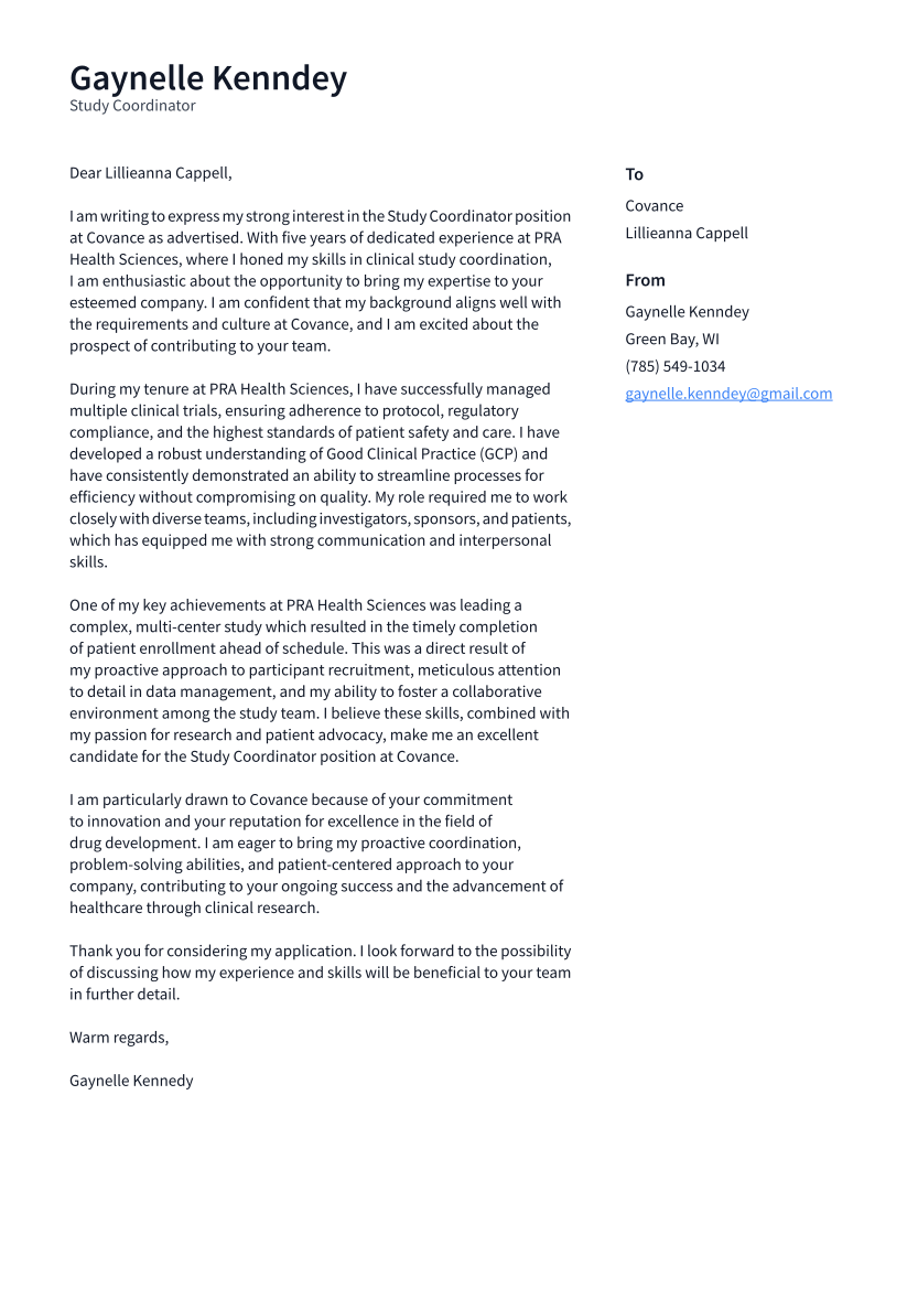 Study Coordinator Cover Letter Examples and Templates