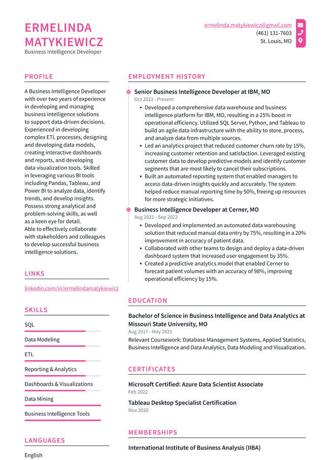 Microsoft Business Intelligence Developer Resume Examples