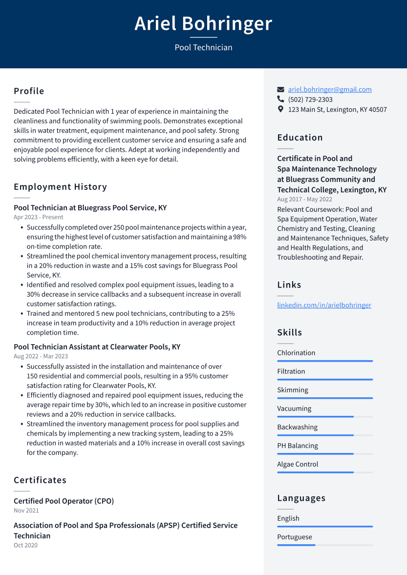 Top 17 Pool Technician Resume Objective Examples ResumeCat