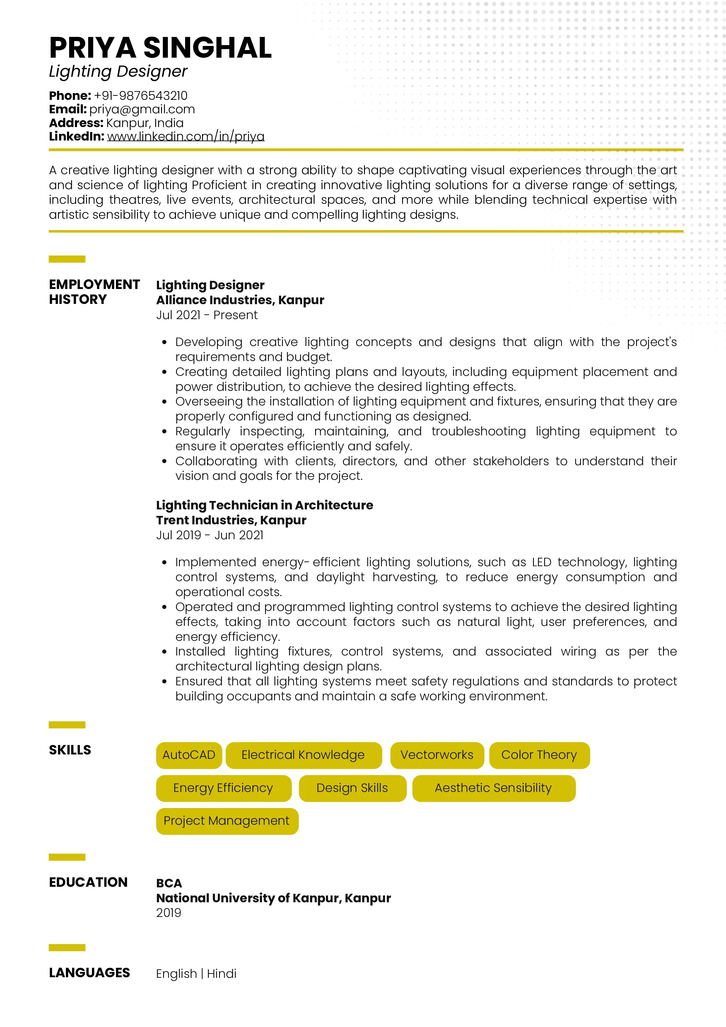 Sample Resume of Lighting Designer with Template & Writing Guide