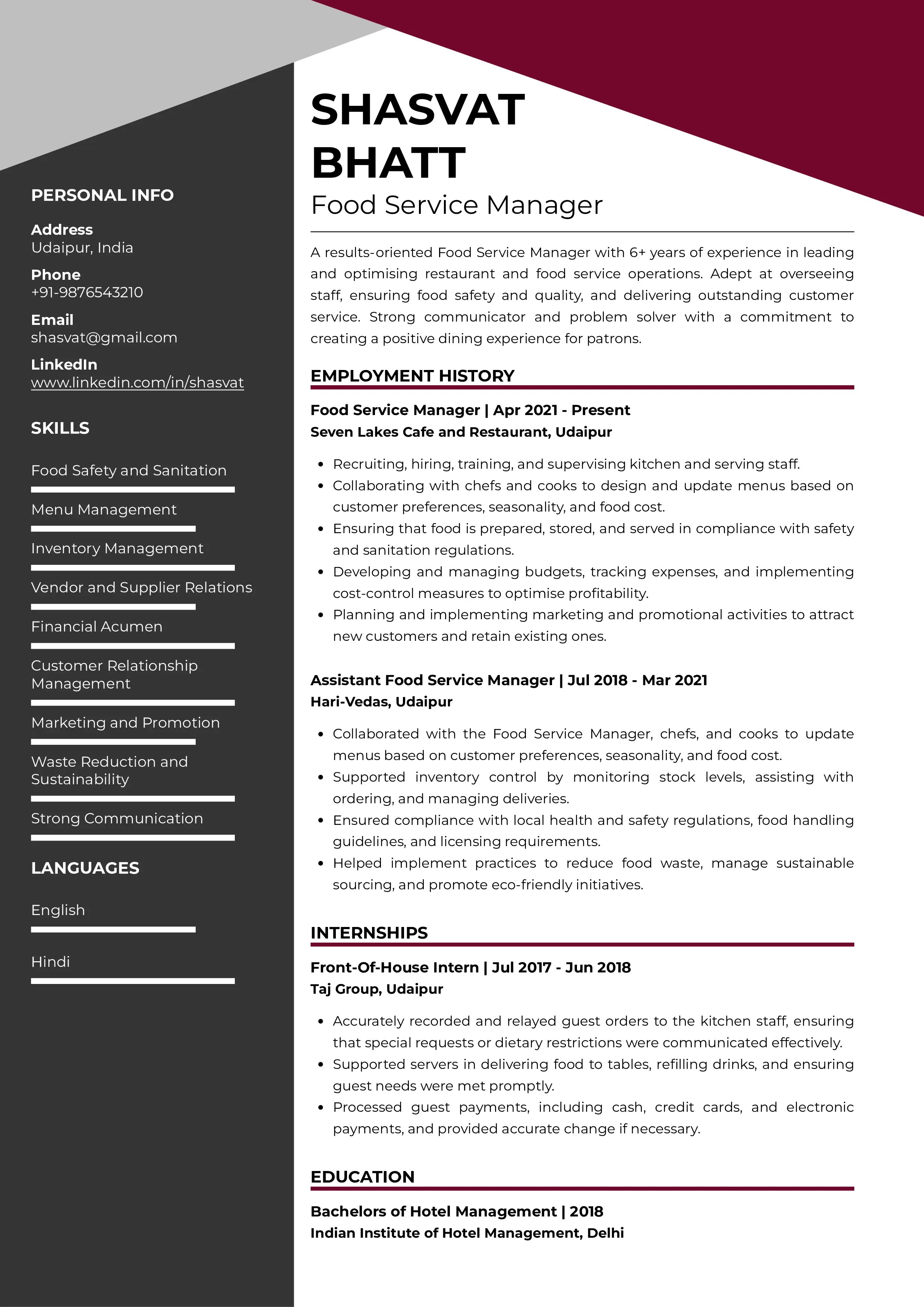 Sample Resume of Food Service Manager with Template & Writing Guide