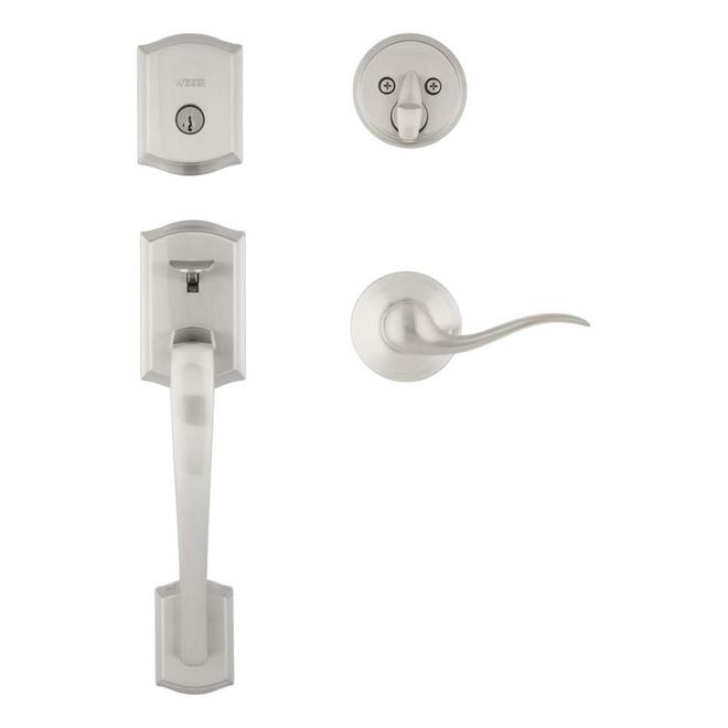 Weiser Prescott Satin Nickel Entrance Handle Set with Deadbolt and SmartKey Technology 9GLA84710