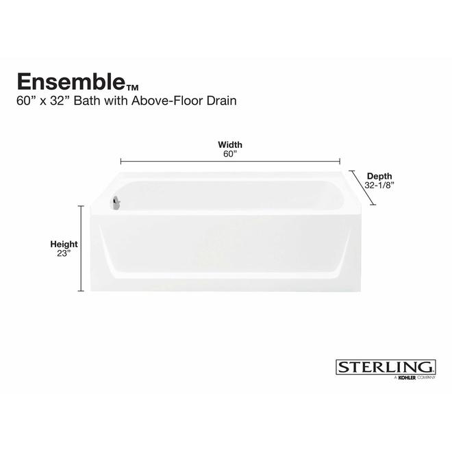 Sterling 32in x 60in White Polyresin/Fibreglass Rectangular Bathtub with RightHand Drain