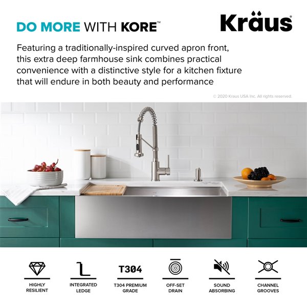 KRAUS Kore Workstation Farmhouse Residential Kitchen Sink 32.88in x