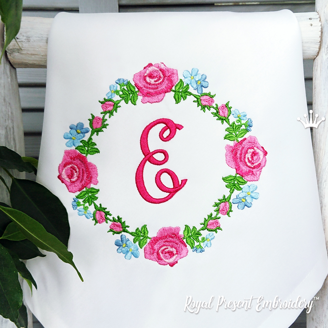 Pink Roses Monogram Blank Machine Embroidery Design 4 sizes Royal