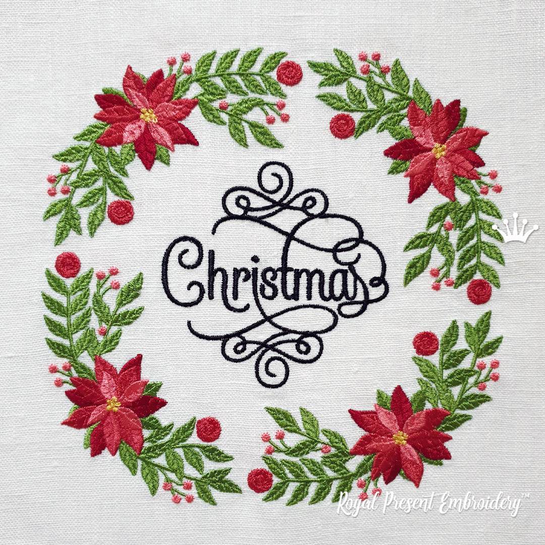 Poinsettia Wreath Super Set Machine Embroidery Designs 7 sizes Royal Present Embroidery