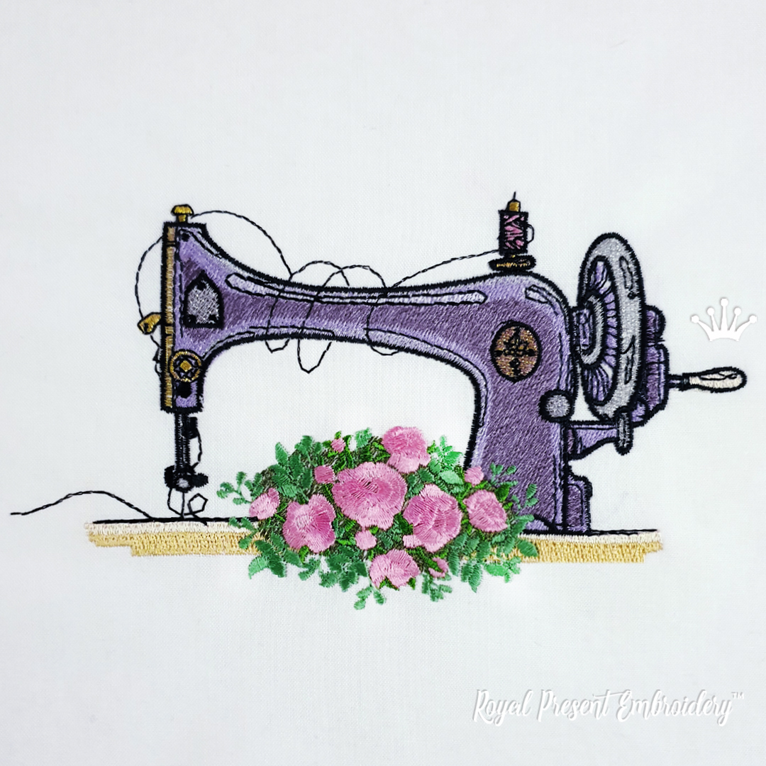 Vintage Sewing Machine with roses machine embroidery design 4 sizes Royal Present Embroidery