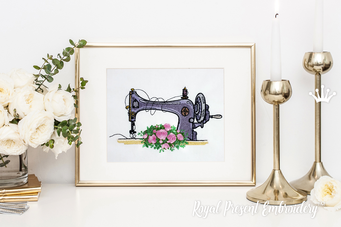Vintage Sewing Machine with roses machine embroidery design 4 sizes Royal Present Embroidery