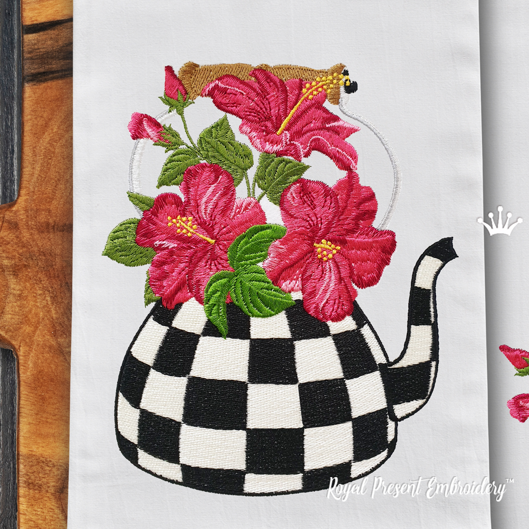 Checkered teapot with hibiscus Machine Embroidery Designs 3 sizes Royal Present Embroidery